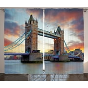 London Decor Curtains 2 Panels Set, the Big Ben and the Westminster Bridge at Night in Uk Street River European Look Photo, Living Room Bedroom Accessories, 108 X 90 Inches, by Ambesonne