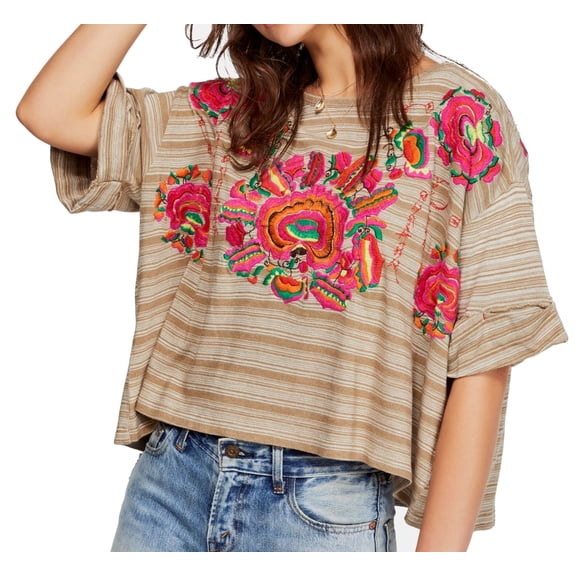 Women's Boxy Top Large Knit Embroidered L