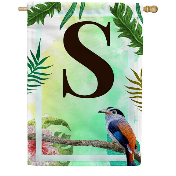 America Forever Tropical Bird Summer Monogram House Flag Letter S 28 x 40 inches Parrot Toucan Palm Leaves Double Sided Vertical Outdoor Yard Lawn Decorative Exotic House Flag