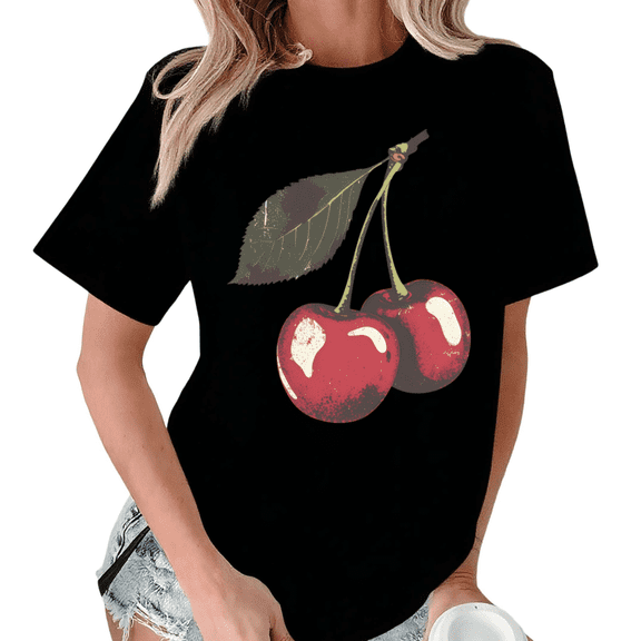Black Print Tshirt Graphic Tees Shirts S-5XL Casual Cherry Print Daily Stylish Summer Tops