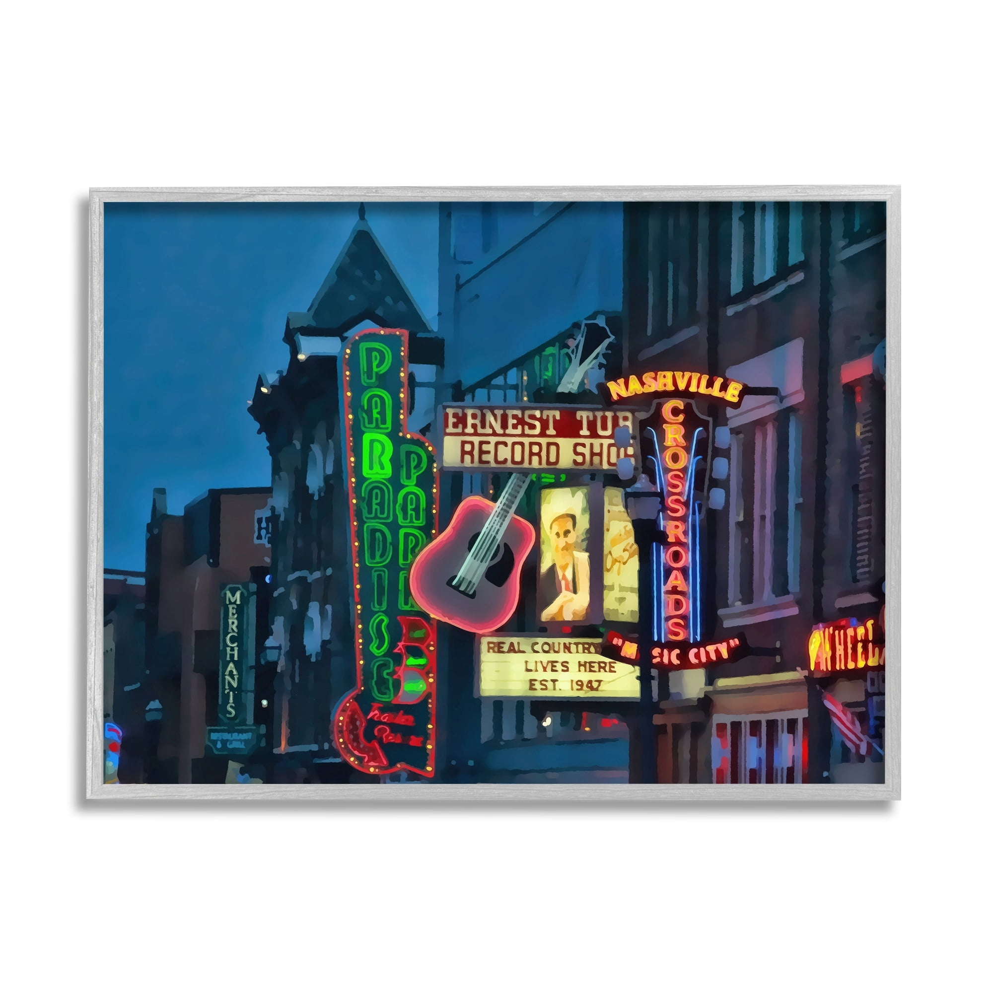 Stupell Industries Nashville Music Night Scene Southern Urban Architecture Paintings Gray Framed Art Print Wall Art, 14x11, by Daniel Sproul