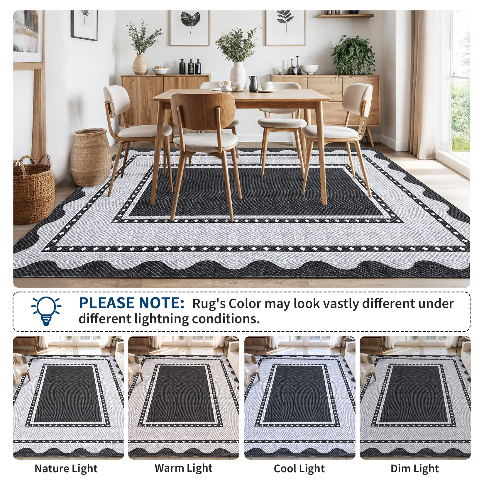 HIWEAVER Black 10' x 13' Washable Scalloped Bordered Pattern Area Rug for Living Room Indoor Throw Carpet ​Modern Non-Slip Foldable Floor Cover for Dorm Home Decor