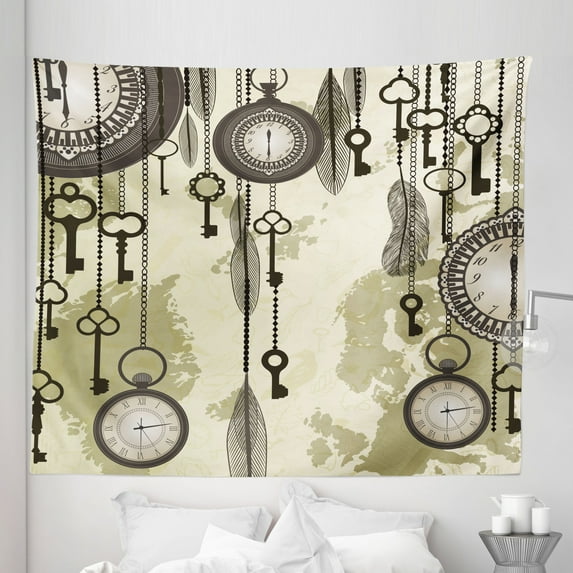 Tribal Tapestry, Old Days Design 20s Cultural Items and Tribal Feathers Changing Trends Theme, Fabric Wall Hanging Decor for Bedroom Living Room Dorm, 5 Sizes, Green Grey Cream, by Ambesonne