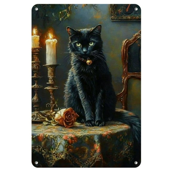 1pc Metal Tin Sign Gothic Black Rose and Black Cat Halloween - Witchcraft Art Home Decor Tin Painting Wall Art Suitable for Home Restaurant Cafe Bar Garage Ready to Hang 8x12 Inch, 2D