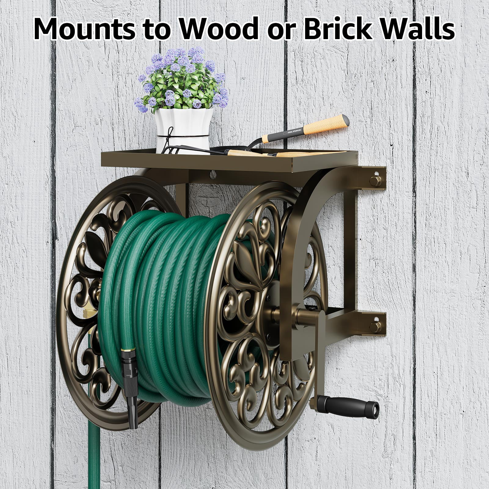 Outlandpro Metal Decorative Garden Hose Reel, Heavy Duty Hose Holder for Outside, Wall Mount, Holds 200 ft x 5/8" Hose Storage