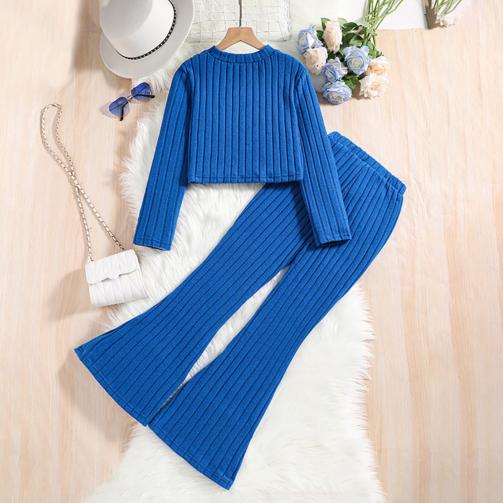 Baby Outfits Kids Girl's Autumn Winter Solid Striped Long Sleeve Tops Flared Pants Set Girls Clothes Blue 11 Years-12 Years