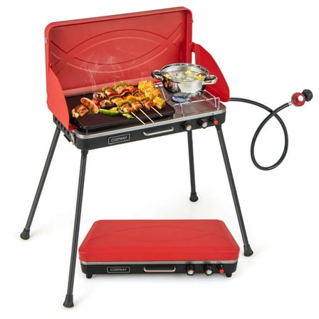 Costway 2-in-1 Propane Grill 2 Burner Camping Gas Stove Portable with Removable Leg Red