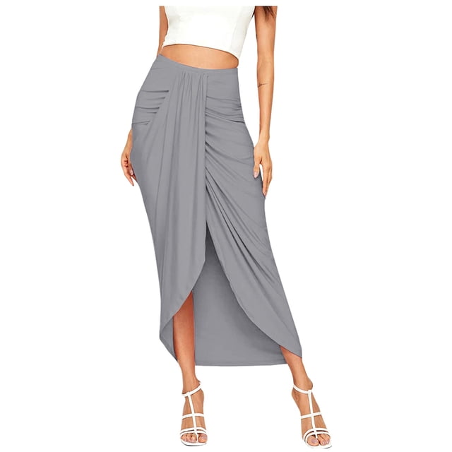 Gibobby faldas de lentejuelas para mujer Cintura sólida Maxi High Wrap Slit Falda Falda de mujer(Gris, M)