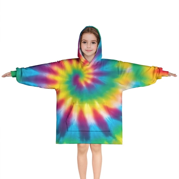 Rainbow Tie Dye Spiral Pattern Blanket Hoodies for Kids 6-13YR Oversize Wearable Blanket Hoodies for Boys Girls Teens
