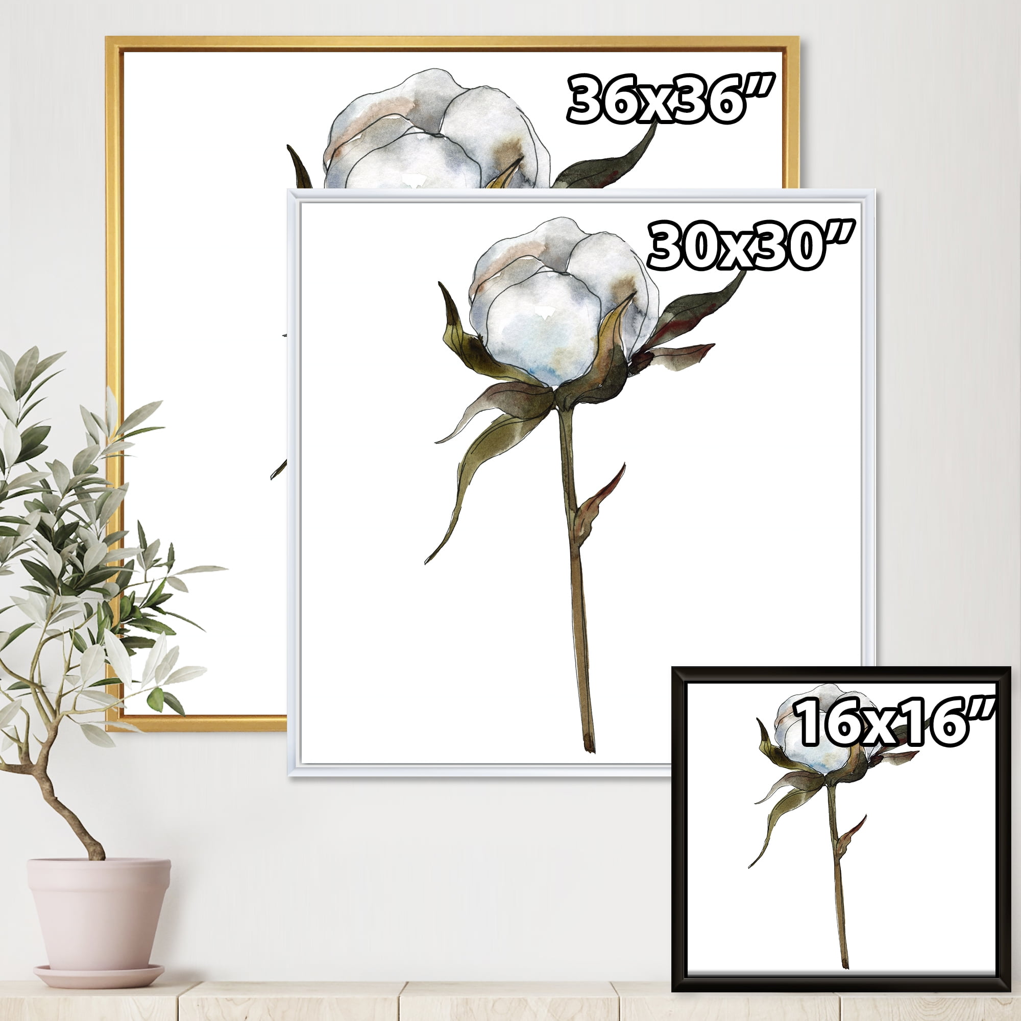 Designart 'Cotton Flower Retro Style' Traditional Framed Canvas Wall Art Print