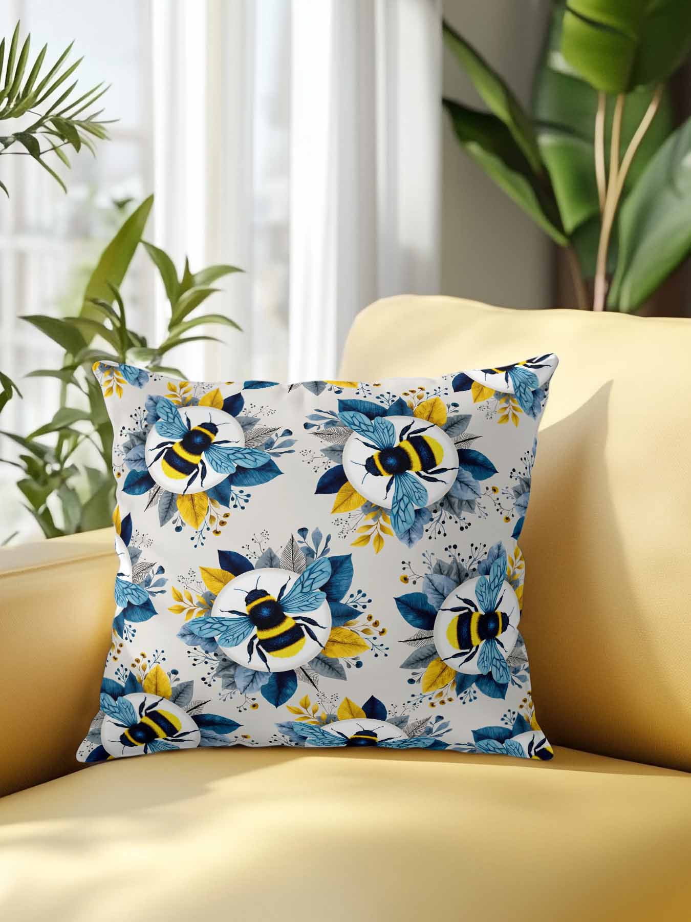 1 Pack Outdoor Throw Pillow, Gray Bees Farmhouse Waterproof Pillow with Insert Included, Spring Summer Botanical Flowers Decorative Accent Cushion Sofa Pillows for Patio Porch, 18 x 18 In
