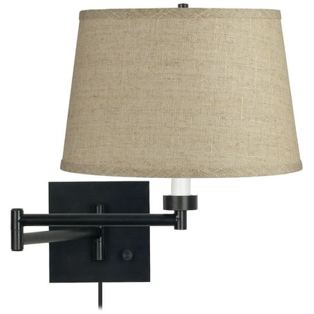 

Barnes and Ivy Swing Arm Wall Lamp Espresso Plug-In Light Fixture Fine Burlap Drum Shade for Bedroom Bedside Living Room Reading