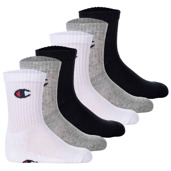 Champion Calcetines para niños, paquete de 6 - calcetines de tripulación, un solo color Negro/Gris/Blanco 31-34