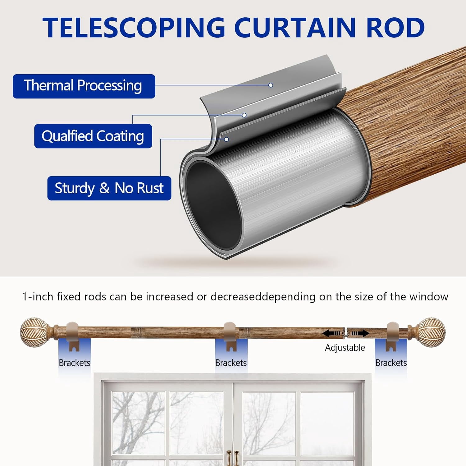 Black Curtain Rods for Windows: 1 Inch Diameter Adjustable Drapery Rods 72" to 144", Heavy Duty Window Curtain Rod with Leaf Pattern Finials