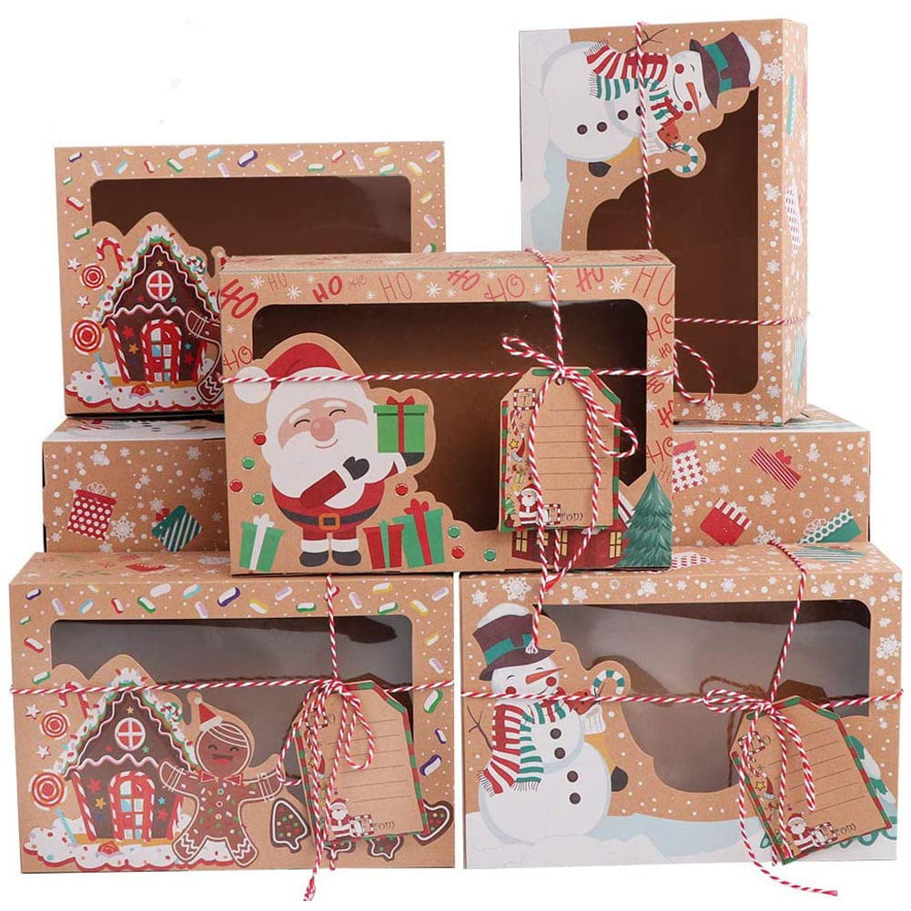 Doughnut Cupcake Candy Treat Boxes for Gift Given Christmas Party Favor Kraft Paper Boxes with Gift Tags & Ribbons 15 Pack Christmas Cookie Gift Boxes with Window