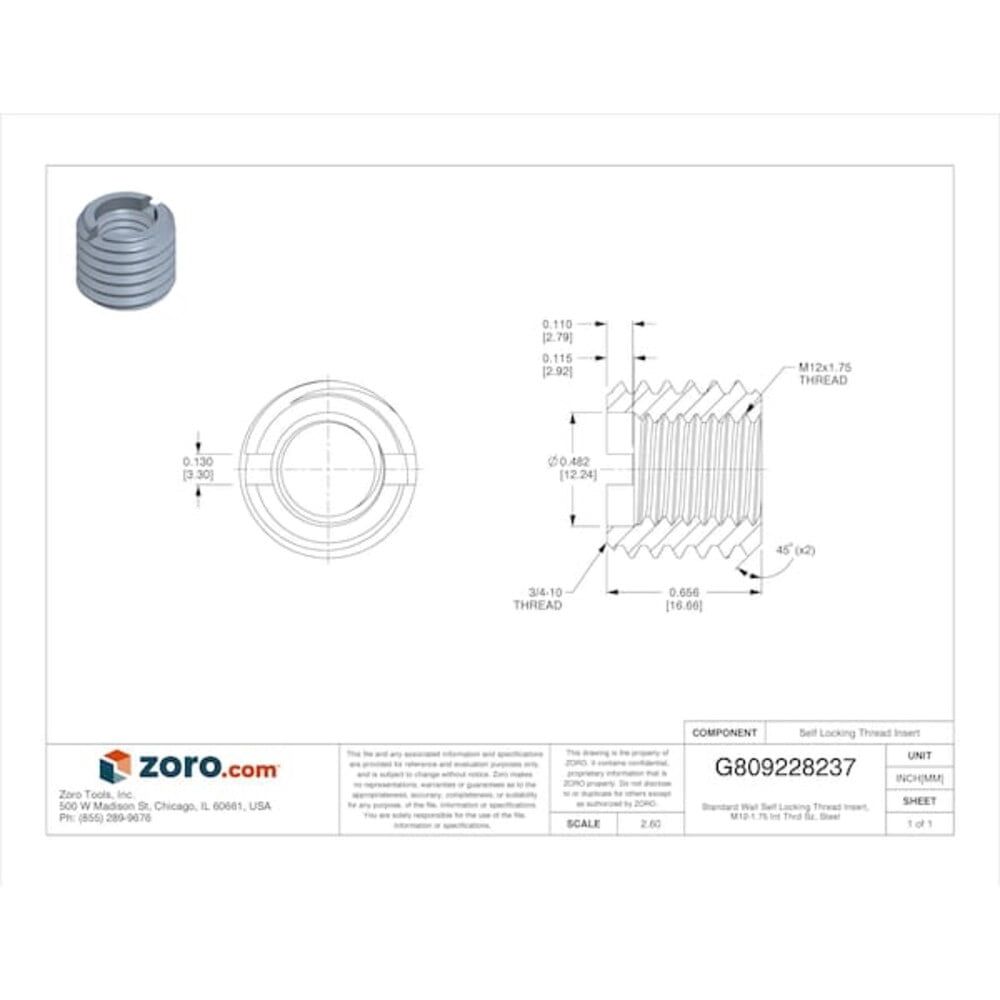 Standard Wall Self Locking Thread Insert, M12-1.75 Int Thrd Sz, Steel EZ-650-12