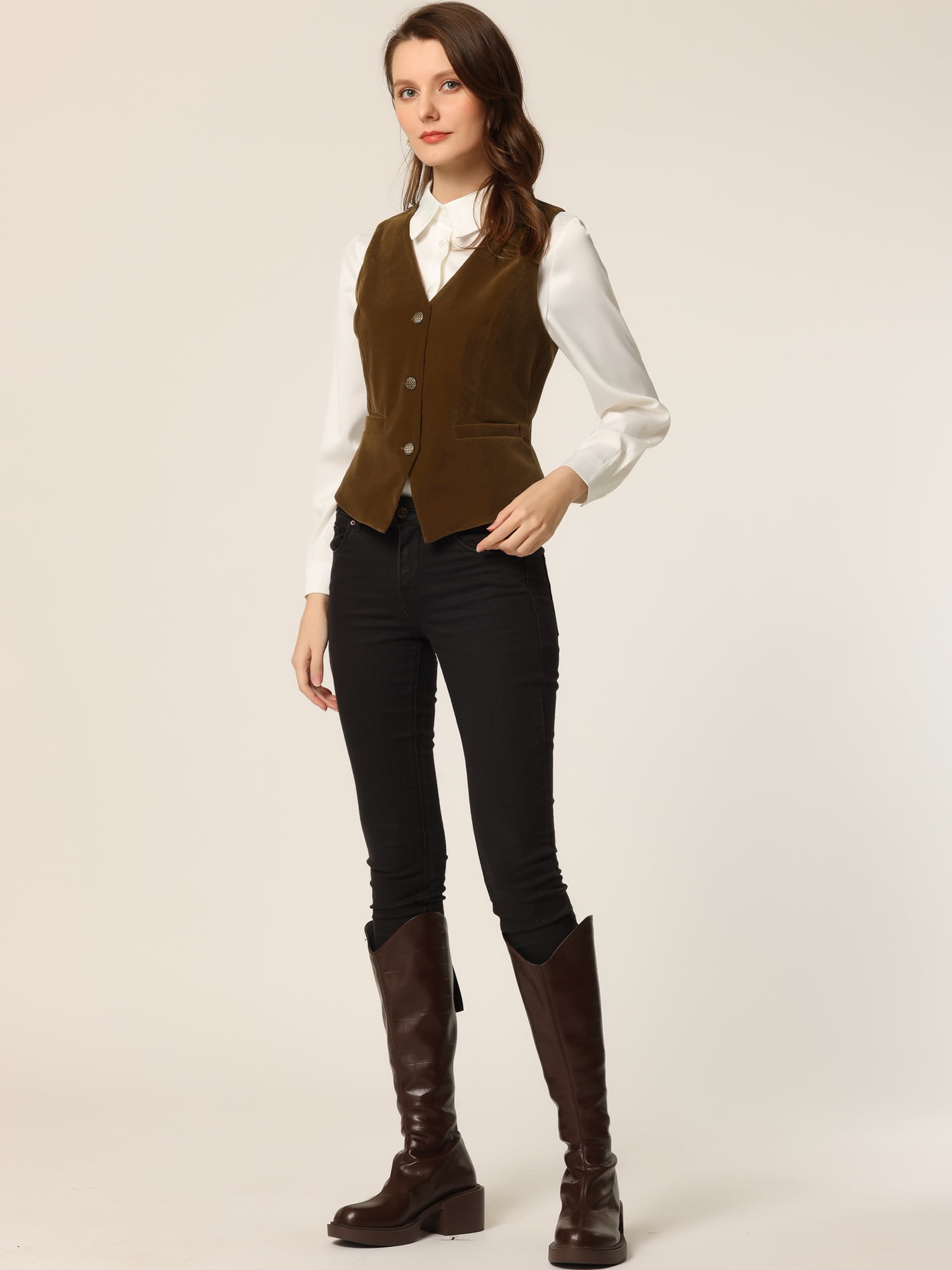 DARING DIVA Women's Vintage Velvet Vest Button Down Steampunk Waistcoat M Brown