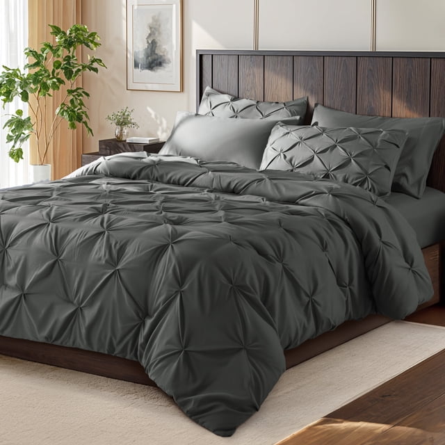 SONORO KATE Juego de Edredón Individual, Juegos de Cama de 5 Piezas para Todas las Estaciones, Cama en una Bolsa con Edredón Plisado - Sábana Plana y Sábana Ajustable - Fundas de Almohada y Fundas, Gris Oscuro