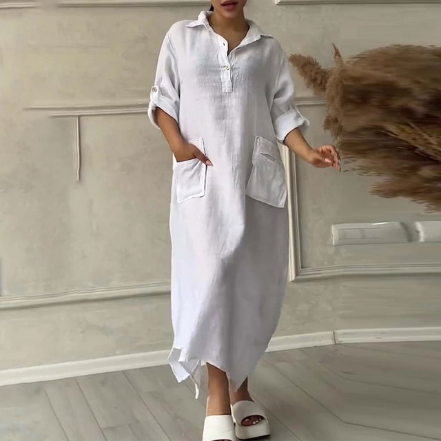 Qiopertar Robe Décontractée à Manches Longues en Coton et Lin Col en V Printemps et Été pour Femmes en Solde à Moins de 5$ en Solde