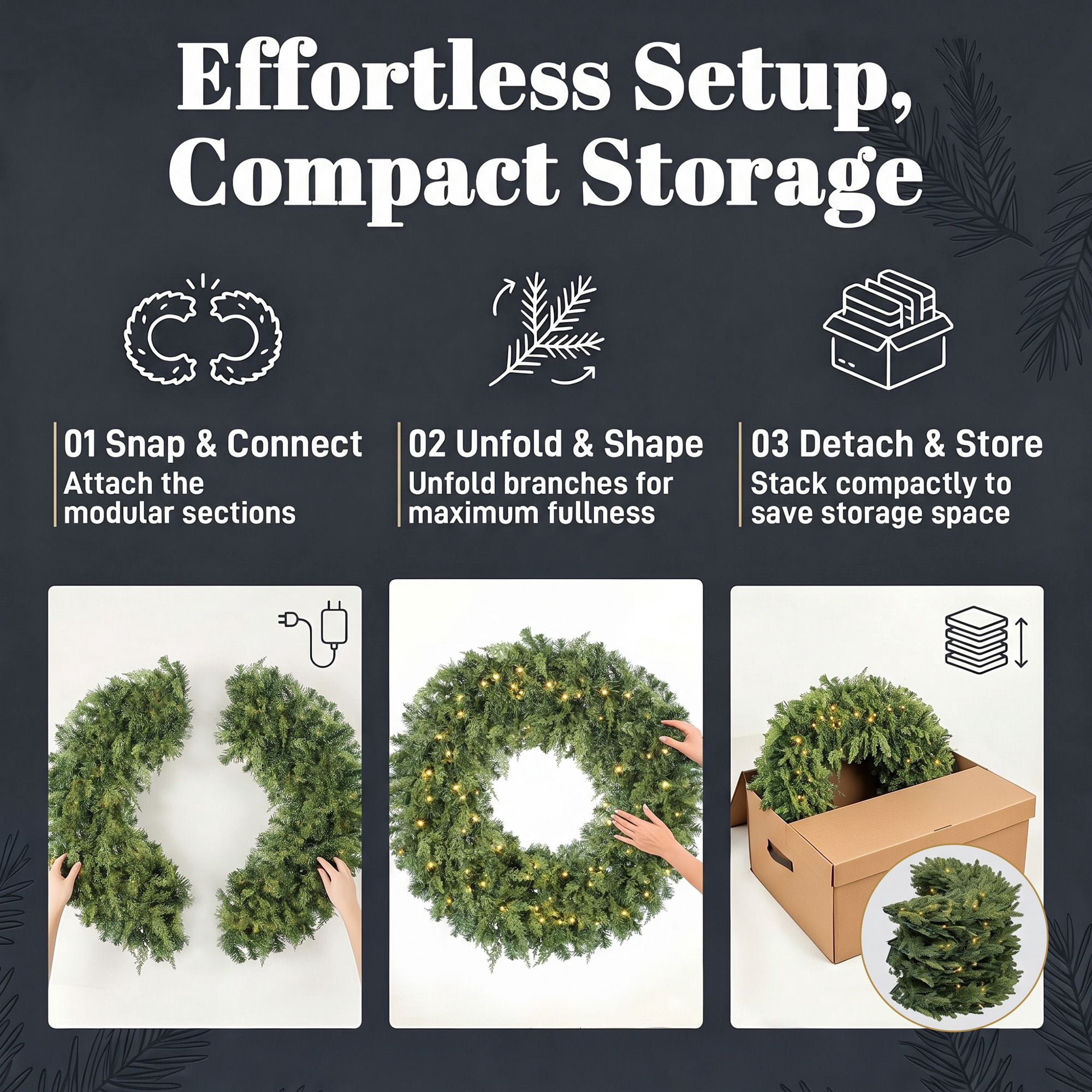 Pre-Lit Artificial Christmas Wreath, 48 in Cedar Design with 150 Warm White LED Lights, 8 Modes, 550 Tips, Indoor and Covered Outdoor Use