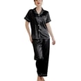 thumbnail image 2 of Women's Satin Pajama Set 2 Piece Short Sleeve Shirt Pants Lounge Set Sleepwear Silk Summer Fall Lightweight Pjs Silk Button Down Pajamas Soft Summer Fall Black 14, 2 of 5
