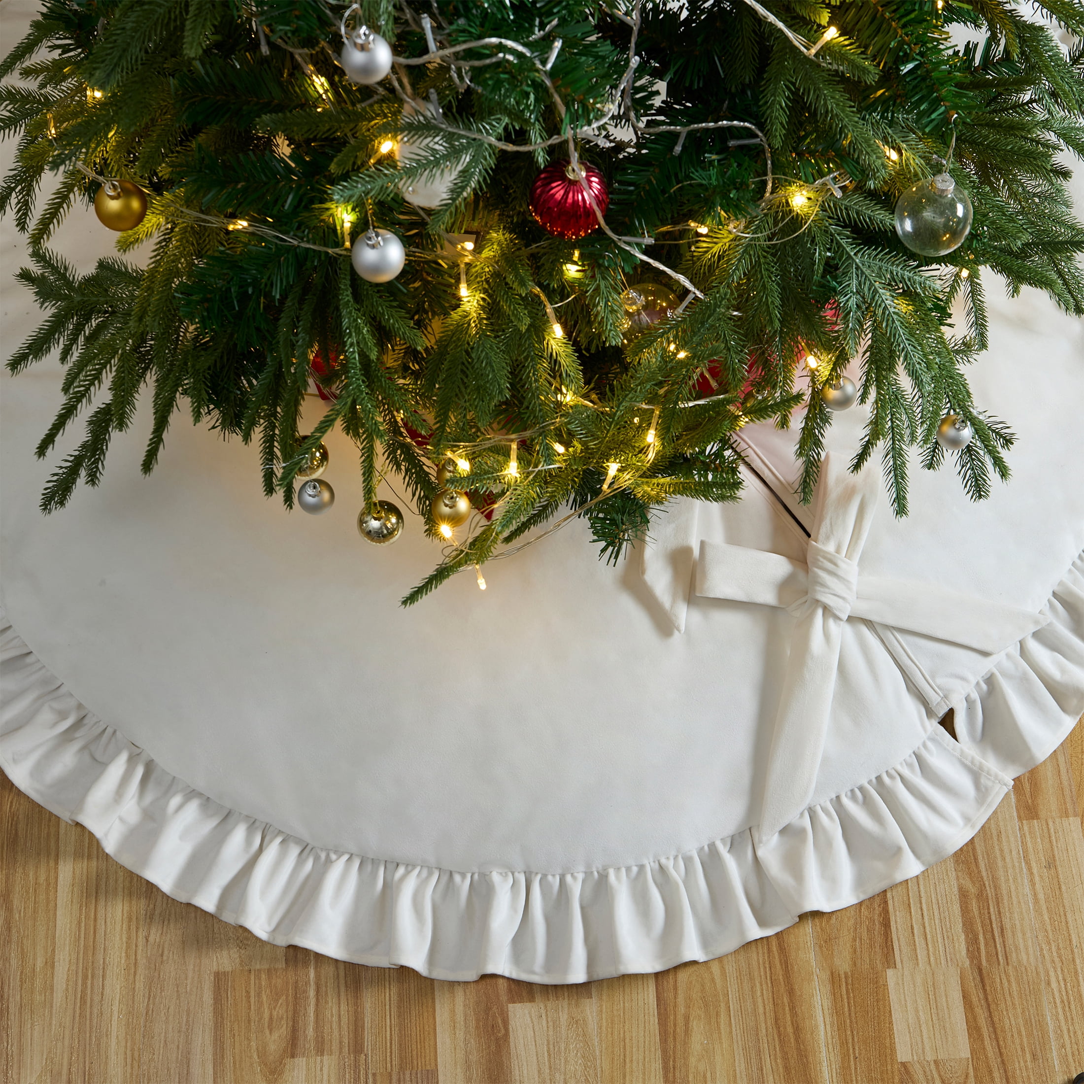 My Texas House Ruffle Ivory Velvet Christmas Tree Skirt, 60"