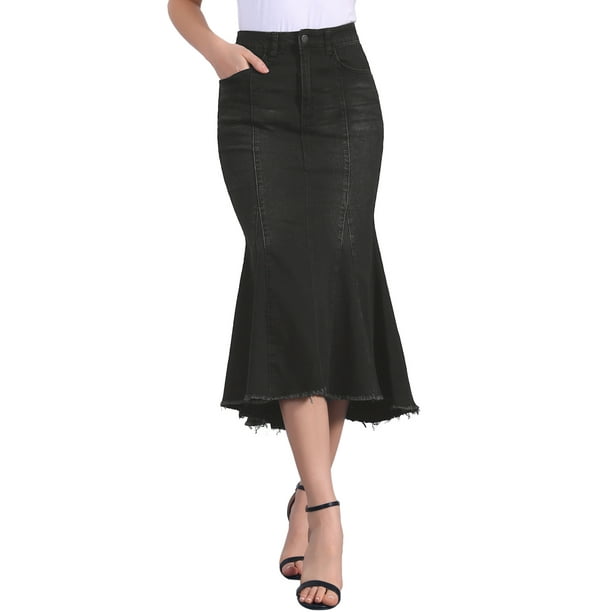 Falda midi casual de mujer de mezclilla desgastada con cola de pez, cintura alta, dobladillo sin terminar y bolsillos, talla XL, color negro
