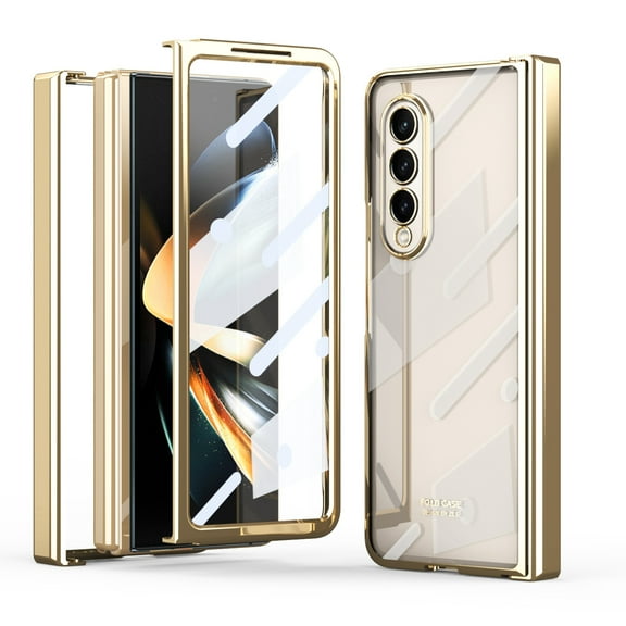 ELEHOLD for Samsung Galaxy Z Fold 5 Full Body Clear Case with Built-in Screen Protector Transparent Luxury Plating Shockproof Hinge Protection Case for Samsung Z Fold 5 2023,Gold
