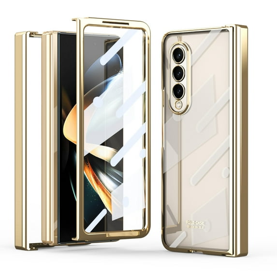 SaniMore for Samsung Galaxy Z Fold 3 (7.6" 2021) Case with Built-in Tempered Glass Screen Protector Hinge Protection Full Body Protection Plating Bumper Shockproof Anti-drop Clear Shell, Gold