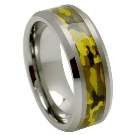 Inlay Tungsten Wedding Band - 8mm Tungsten Carbide Beveled Edge With Green Camo Military Inlay Wedding Band Ring For Men Or Ladies
