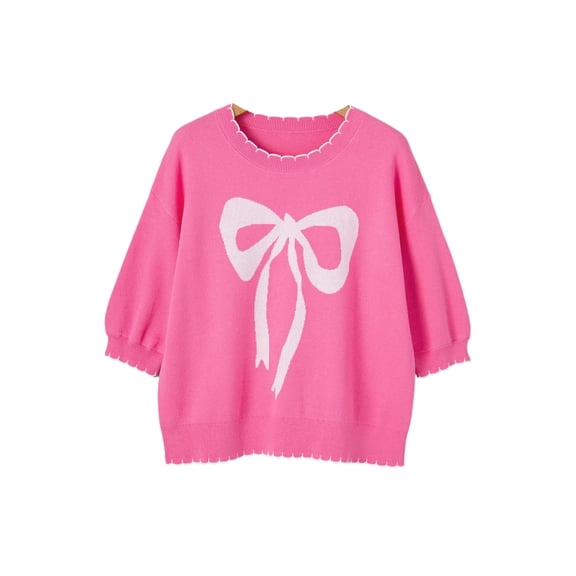 Sachet Pink Bow Print Drop Shoulder Sweater – Casual Summer Style for Women, XL
