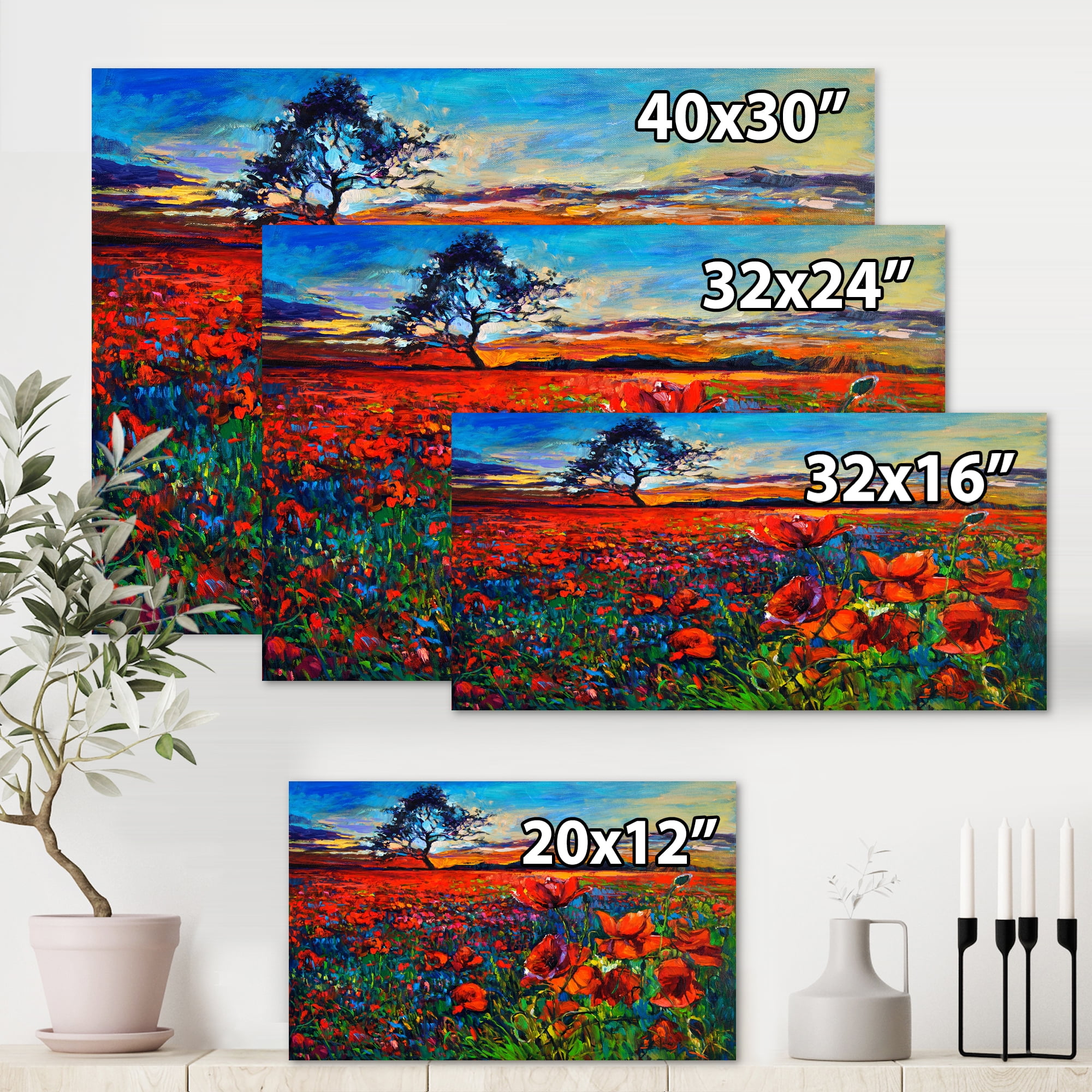 Designart ' Blossoming Red Poppy Fields With Distant Tree ' Traditional Canvas Wall Art Print