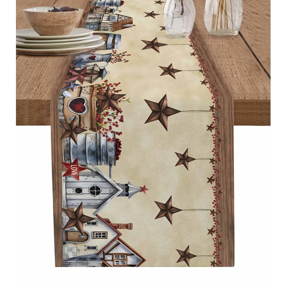 ERUNPONLY Star Brown Table Runner - 90 Inch Long Farmhouse American Country Vintage Berry Cotton and Linen Blended Dress Scarves Farmhouse Table Runner for Kitchen Dining, Coffee Table, 13"x90"