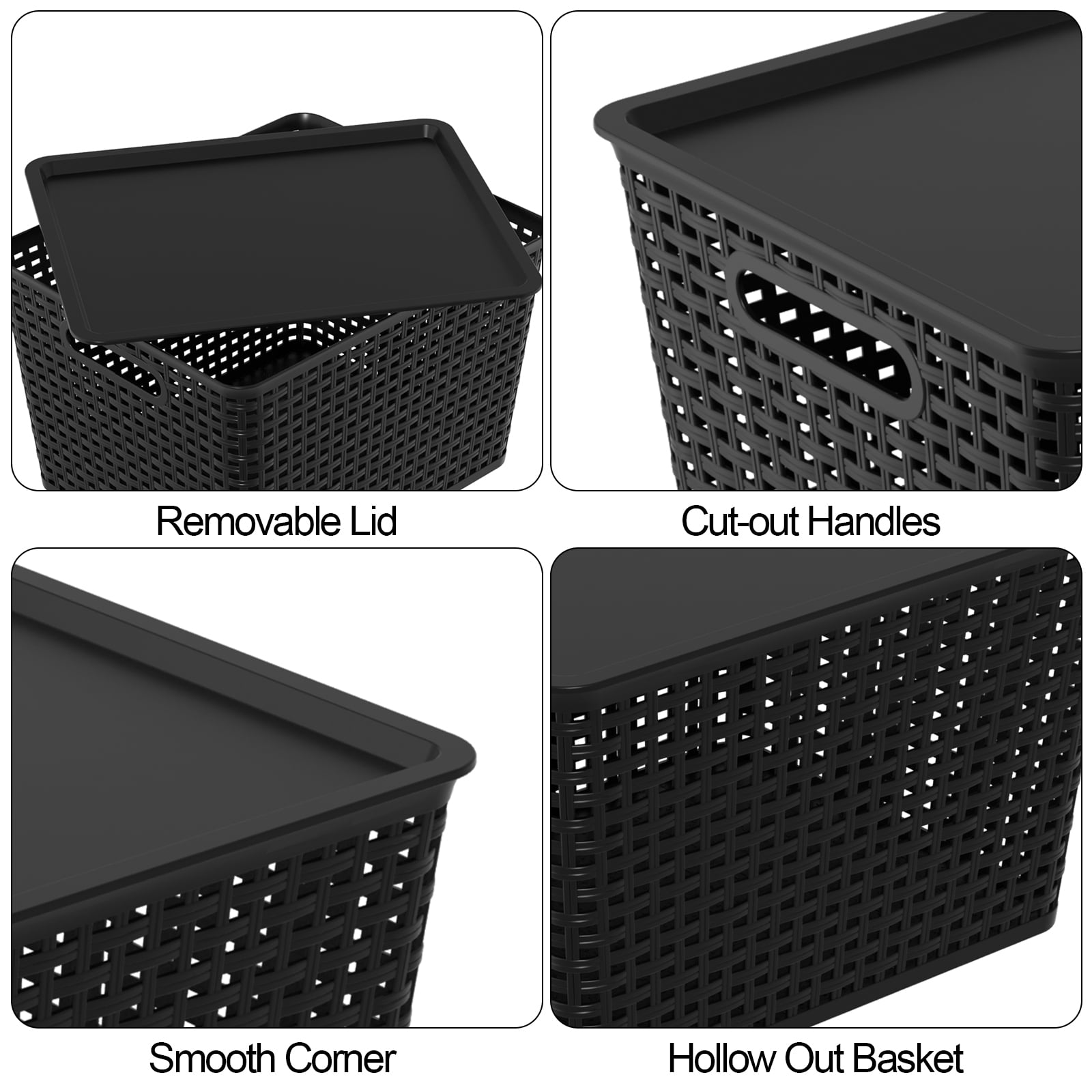 Anbers Plastic Weave Storage Basket with Lid, Black Organizer Baskets, 6-Pack