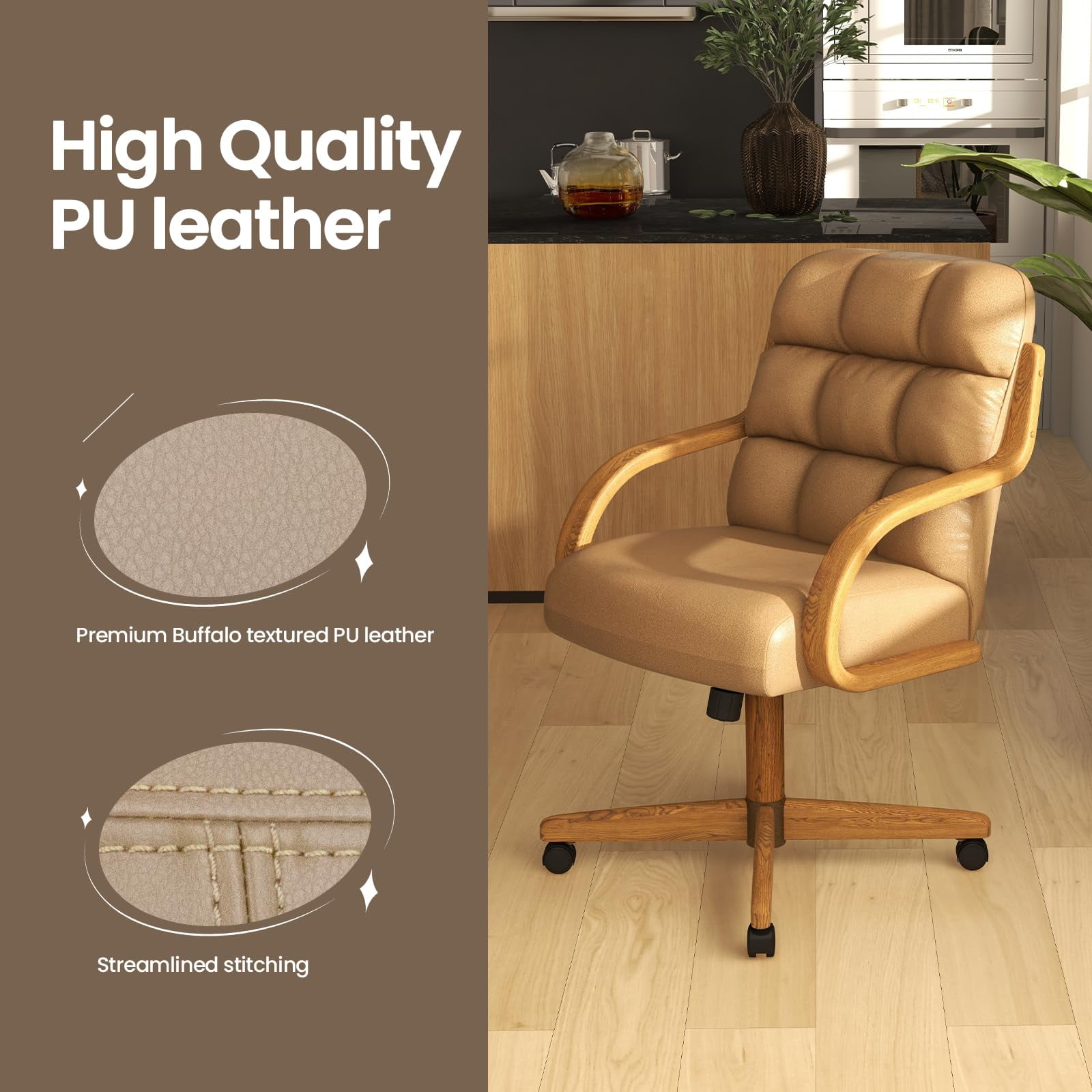 Chromcraft Douglas Swivel Tilt Dining Chair with Casters – Comfortable Cushioned Seat for Kitchen & Home Office, Taupe Upholstery, Chestnut Wood Accents, 1-piece set