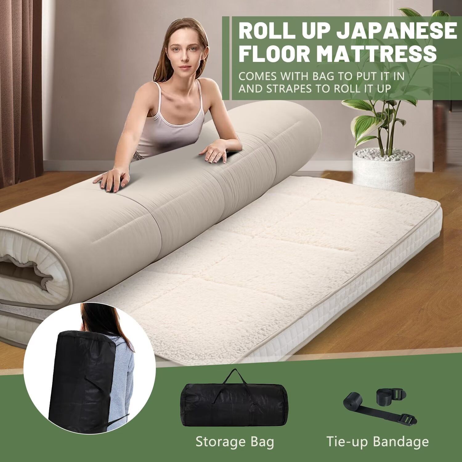 MOPHOTO Upgraded Extra Thick Floor Mattress with Storage Bag,Japanese Futon Mattress,Folding Sleeping Padded Futon Mattress Portable Camping Mattress,Beige,Twin