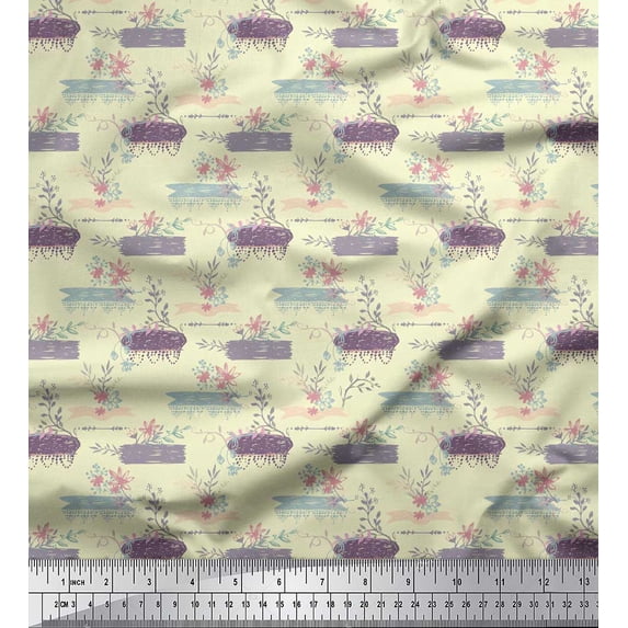 Soimoi Yellow Cotton Voile Fabric Floral & Leaves Printed Craft Fabric by the Yard 56 Inch Wide