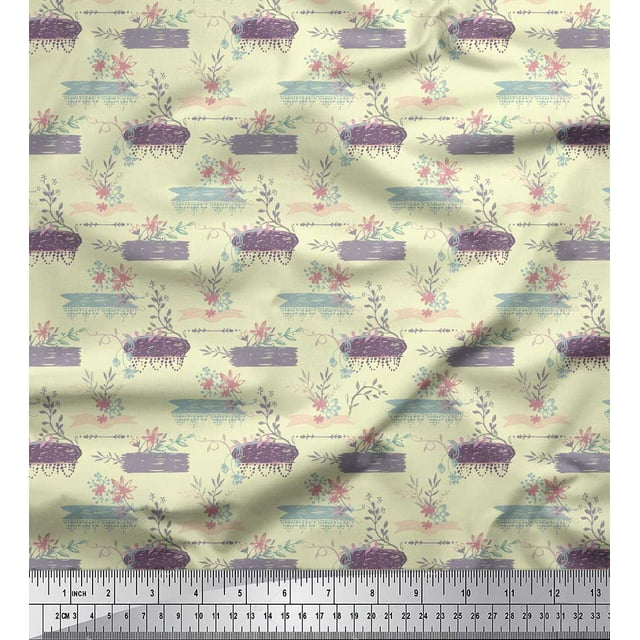 Soimoi Yellow Rayon Fabric Floral & Leaves Decor Fabric Printed Yard 56 Inch Wide