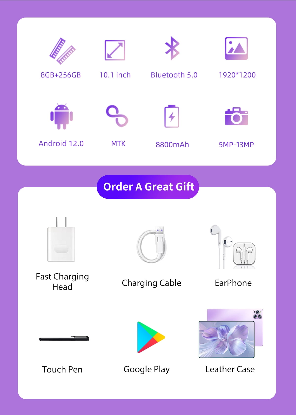 Purple Tablet 2026 Newest Android 12 Tablet , 10 Inch Tablet,5G Wi-Fi Tablet Computer,2 In 1 Tablet with Keyboard, 256GB ROM+8GB RAM ,Octa-Core Processor,1920 * 1200 IPS,Bluetooth,GPS