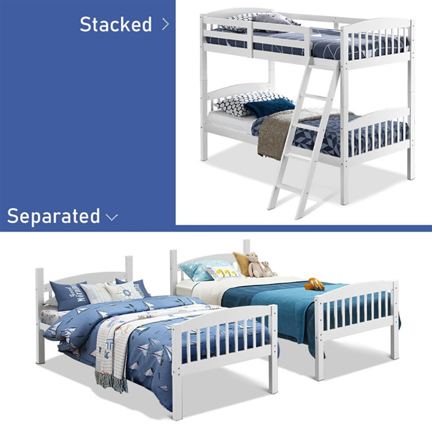 Demi Bonn Solid Wood Twin Over Twin Bunk Bed with Detachable Ladder, Twin Bunk Beds, Converts to 2 Individual Twin Beds, White