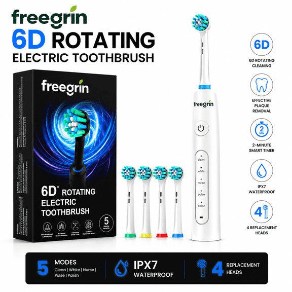 Freegrin 6D Rotating Electric Toothbrush for Adults, 5 Modes, 4 DuPont Soft Bristle Heads, 2-Min Smart Timer, Type-C Charging, IP67 Waterproof, White