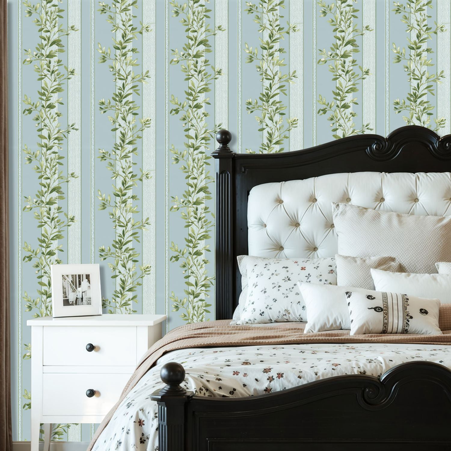 Sage Green Peel and Stick Wallpaper Vintage Botanical Floral Green Leaves Blue Wall Mural 23.6in x 9.8ft Self Adhesive Removable Wall Paper Renter Friendly Wallpaper for Girls Bedroom