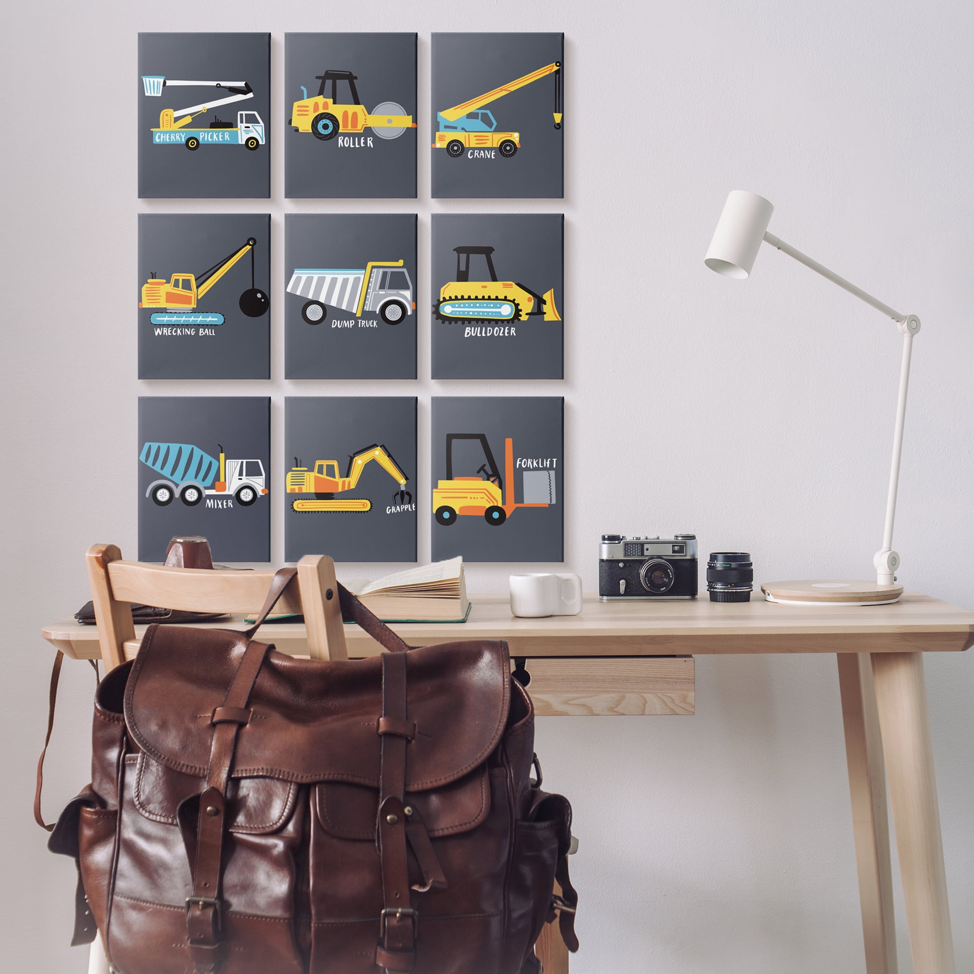 Stupell Industries Whimsical Construction Vehicles Yellow Blue White Trucks,9pc, each 11 x 14,Designed by Arrolynn Weiderhold