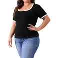thumbnail image 4 of Plus Size Top for Women Square Neck Short Sleeve t Shirt Ribbed Color Block Slim Fit Knit Basic Tee Tops 1X Black, 4 of 6