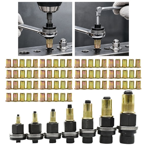 Rivet Nut Tool Kit, Drill Rivnut, Threaded Rivnut Insert Nuts Set Manual Mandrel Electric Drill Operated for Metal Agricultural Automotive