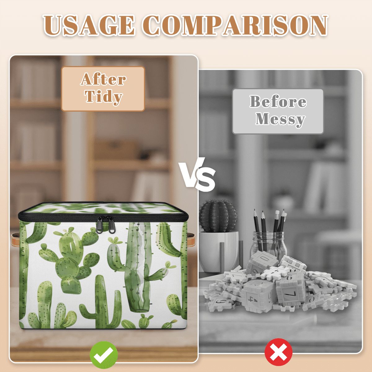 CURLYOOT Green Cactus Fabric Storage Bins with Lids, Cute Cactus Foldable Storage Boxes Washable Storage Cube, Closet Bedroom Home Organizer Containers with PU Leather Handles