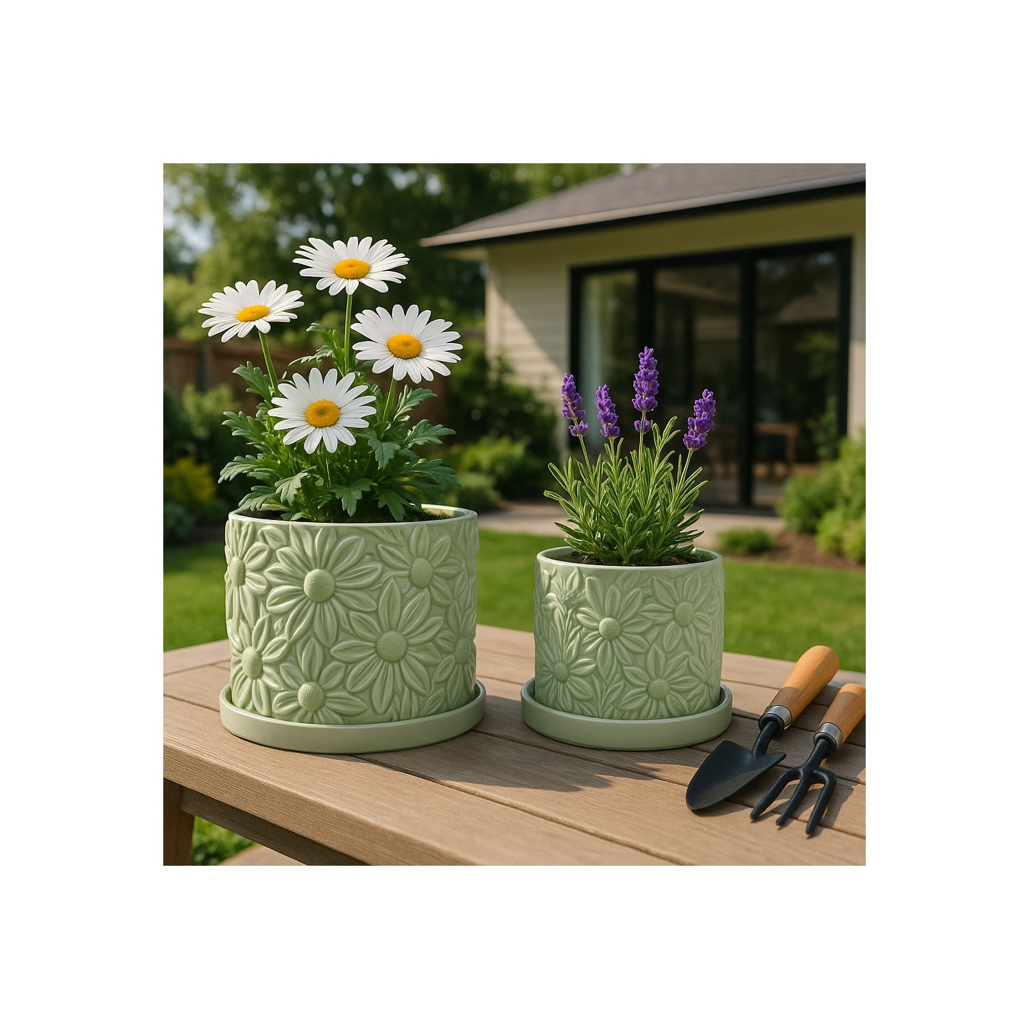 Decorative Daisy Flower Pot Planter for Home Decor - Stylish Indoor and Outdoor Pots for Plants - Chic Modern Plant Pots for Living Room, Patio, or Plant Stand Indoor - Set of 2, 7", 5", Green