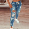 thumbnail image 1 of Drawstring Denim Jeans For Women Ripped Hole Stretch Jean Ladies Pencil Pants Pantalones de mujer, 1 of 5