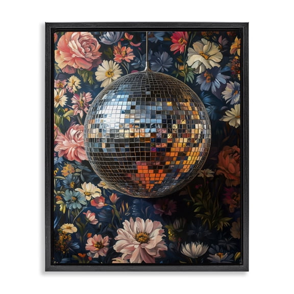Stupell Industries Eclectic Floral Disco Ball Reflection Black Floating Frame Canvas Art, 17 x 21, by LSR Design Studio