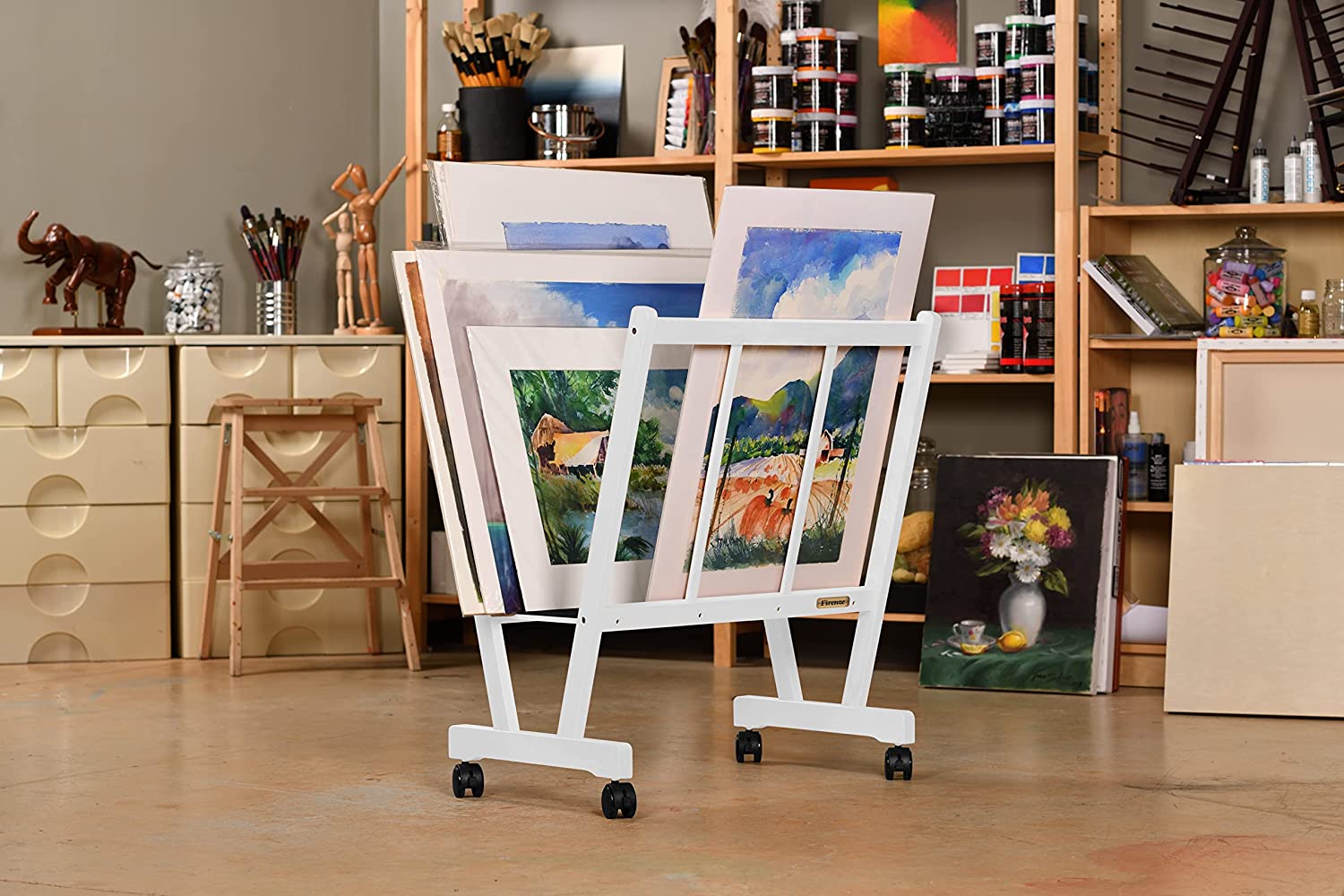 Creative Mark Firenze Wood Large Print Rack with Castors - Perfect For  Display of Canvas, Art, Prints, Panels, Posters, Art Gallery Shows, Storage  Rack - White 